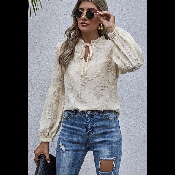 NEW! TIÈ NECK FRILL DISTRESSED APRICOT BLOUSE - Picture 2 of 9